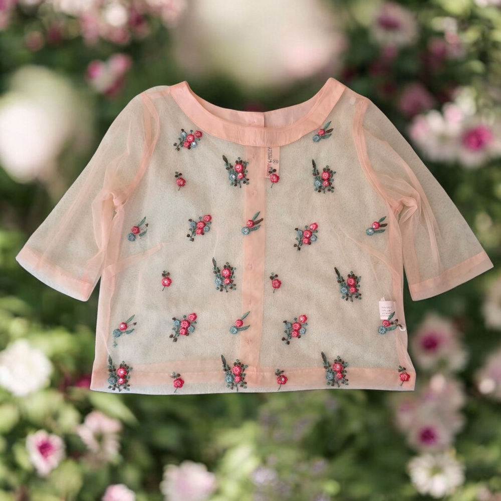 Floral Embroidered Nylon MeshTop - Peachy/Pink XS